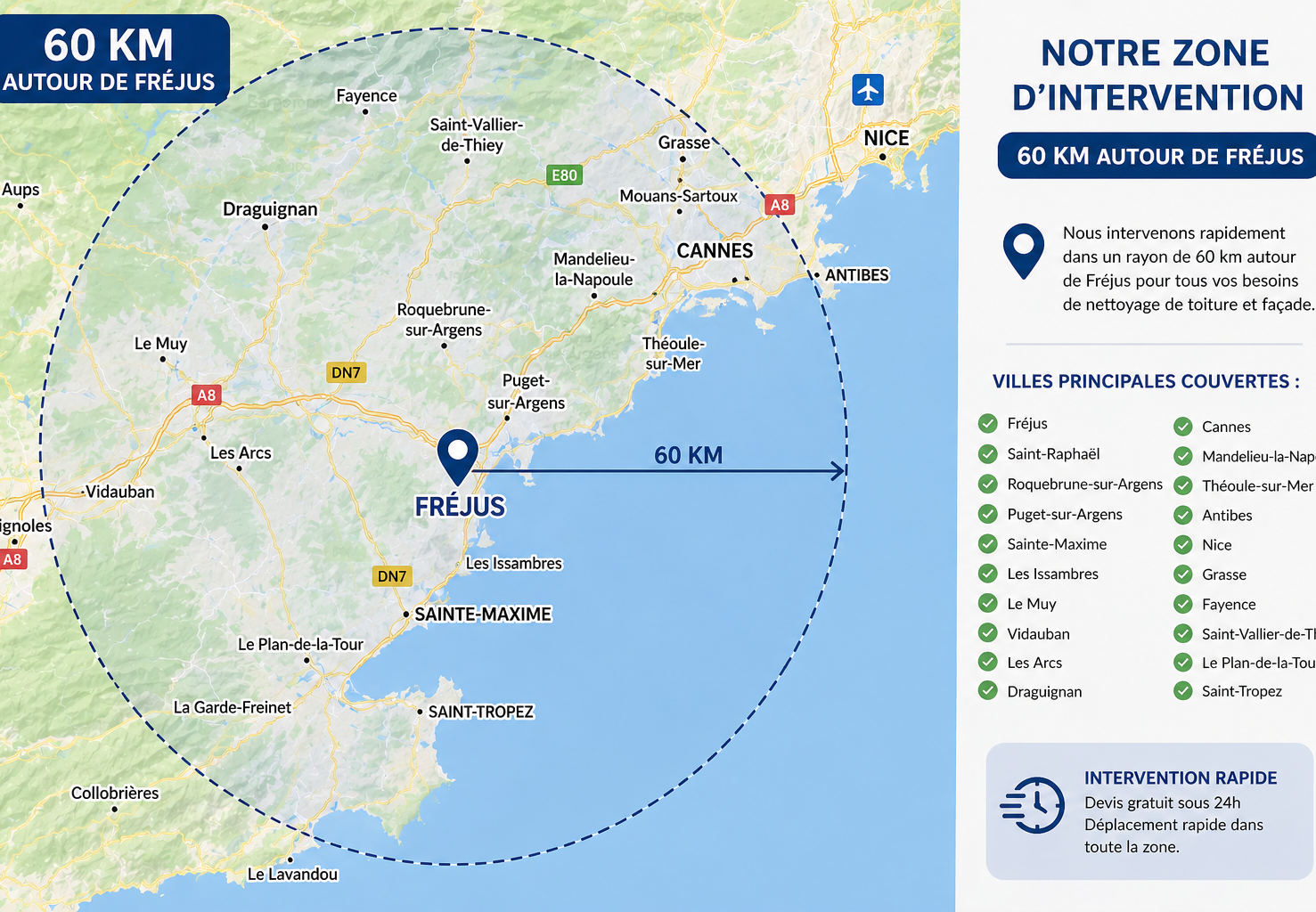 Carte de la zone d'intervention : 60 km autour de Fréjus et Sainte-Maxime